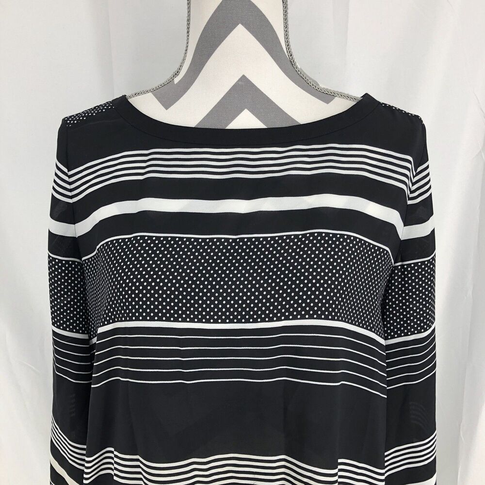 LOFT Black White Stripes Dots Print Long Sleeve Top Blouse 14